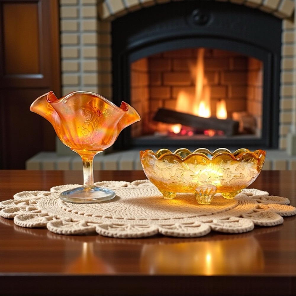 Fenton Marigold Carnival Glass Compote Dish Holly Berry Design & Jeanette Glass